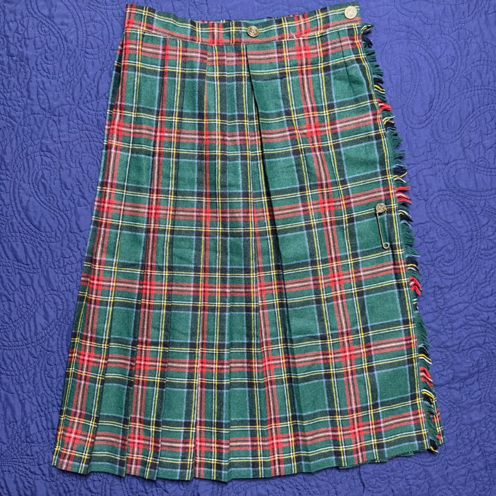 Daniel Place Vintage Green Tartan Plaid Kilt Wrap Skirt Fringe Wool Blend Small